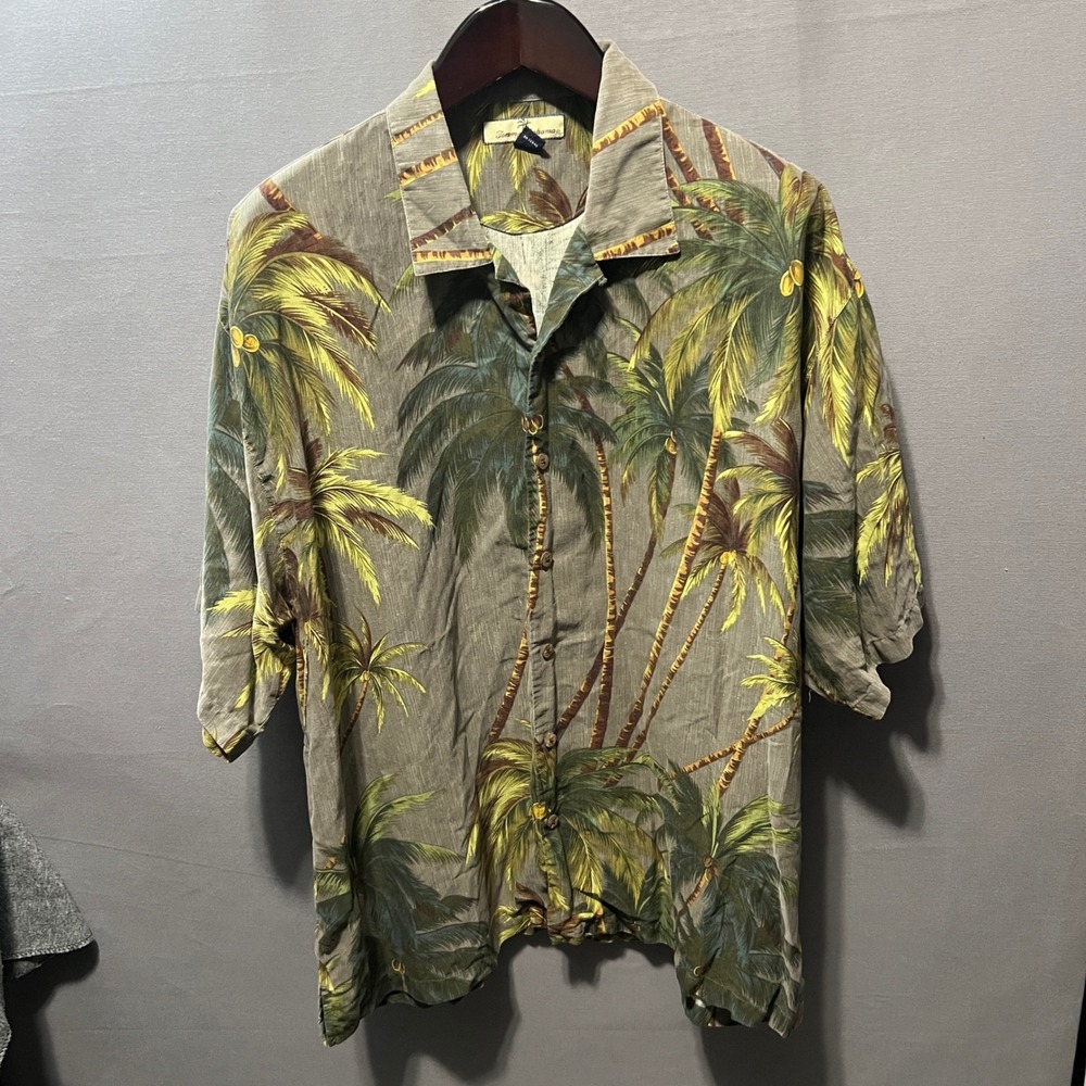 Tommy Bahama Mens XXL Silk Palm Tree Tropical Camp Shirt Green Short Sleeve